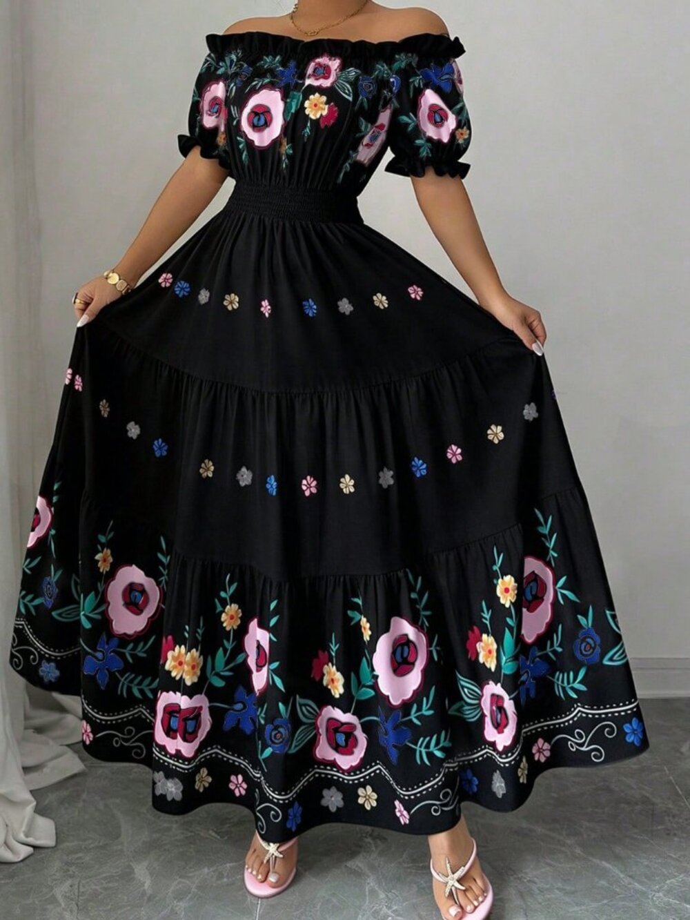 Black Boho Off Shoulder Petal Sleeve Floral Print Waist Flared Women's Dress